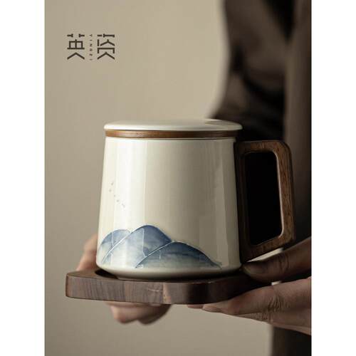 英资万象堆白泡茶杯陶瓷茶水分离杯子内胆过滤杯滤茶杯男高端水杯