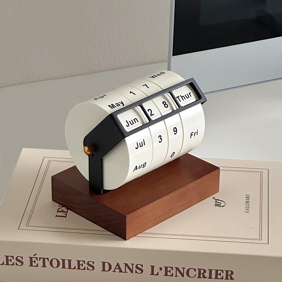 木质覆古新款创意桌历转轮万年历旋转机械桌面装饰品摆件日历礼物