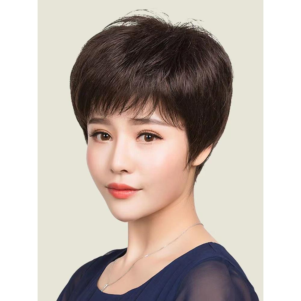 中老年妇女短发母亲式真发女士全头套自然真发假发套全真发