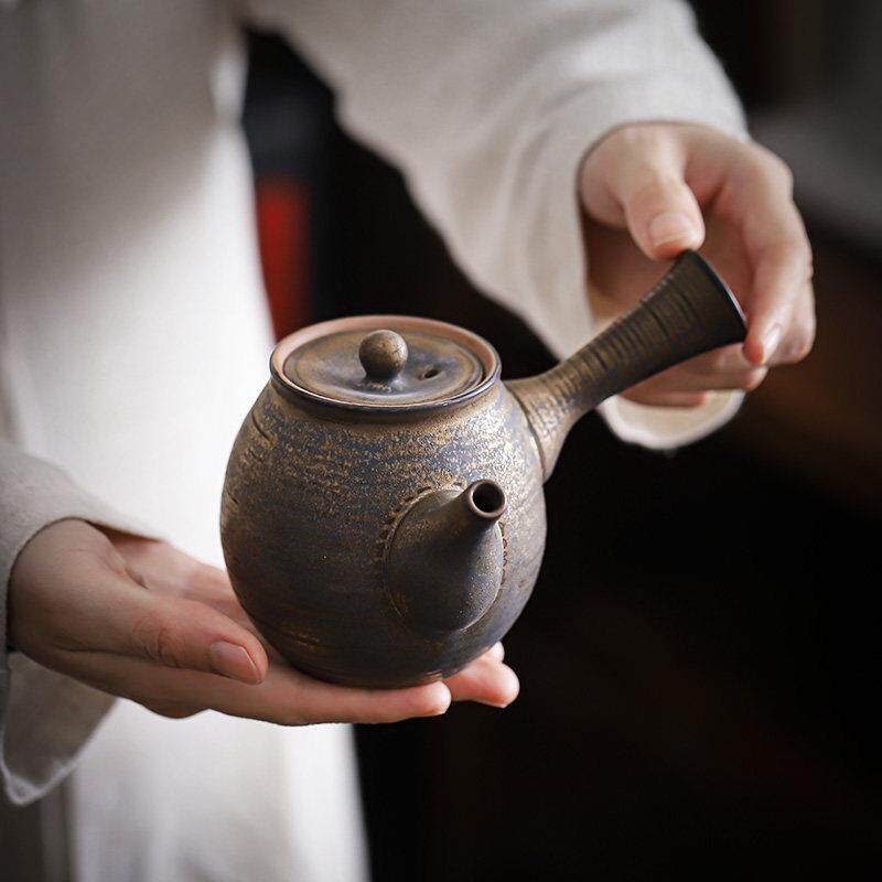 鎏金铁锈釉陶瓷侧把壶中式粗陶茶壶复古功夫茶具家用防烫泡茶单壶