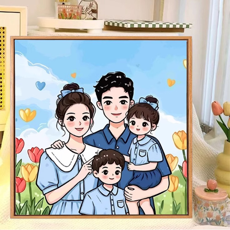 全家福diy数字油画填涂色手工绘卡通一家三四五口亲子油彩装饰画