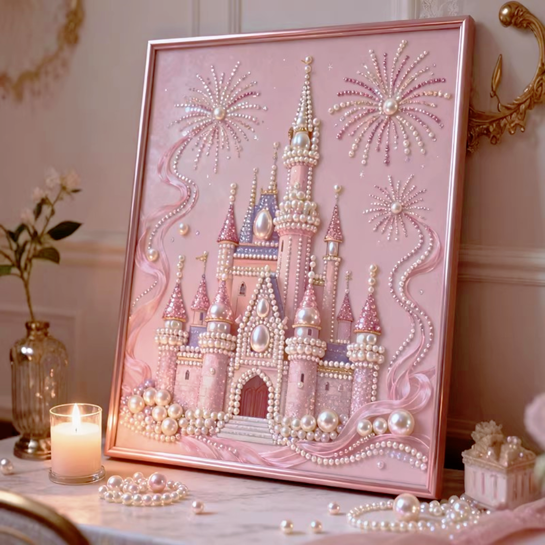 粉色城堡珍珠画手工diy材料包女孩粘贴相框画高级感非遗装饰挂画,家居饰品,DIY/数字油画,淘宝优惠券,粉丝福利购,淘宝优惠卷