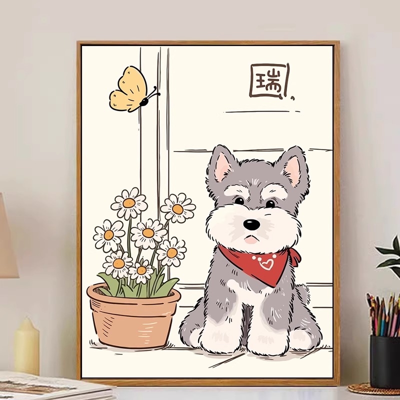 治愈狗狗蝴蝶数字油画diy手工绘填充涂色可爱卡通丙烯油彩装饰画图片