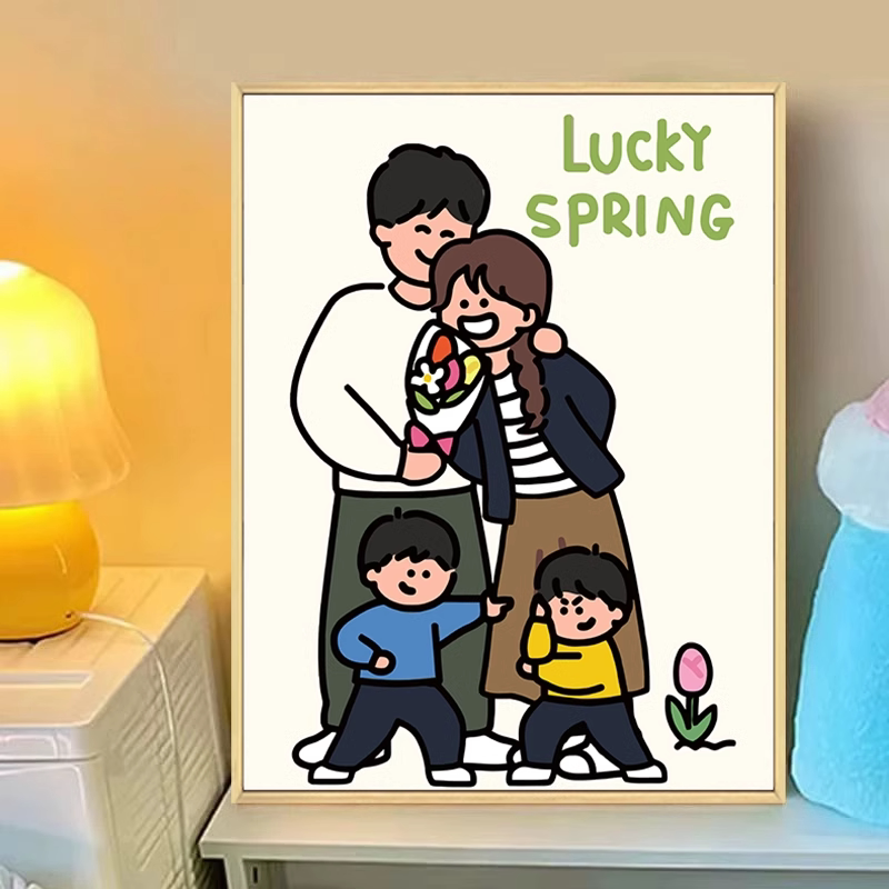 温馨全家福数字油画diy填充涂色手工绘卡通一家人简单油彩装饰画