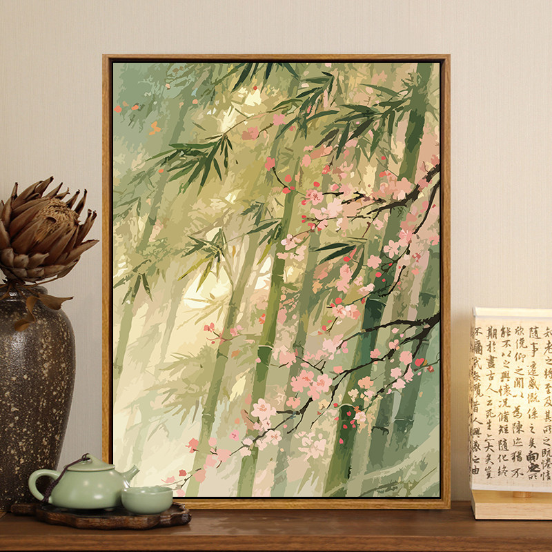 中式竹子diy数字油画填涂色手工绘植物花卉意境氛围感油彩装饰画