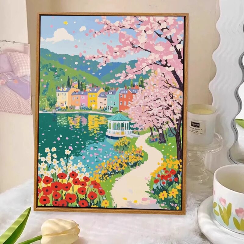 北欧风海边小镇数字油画diy填色手工手绘丙烯涂色风景油彩装饰画