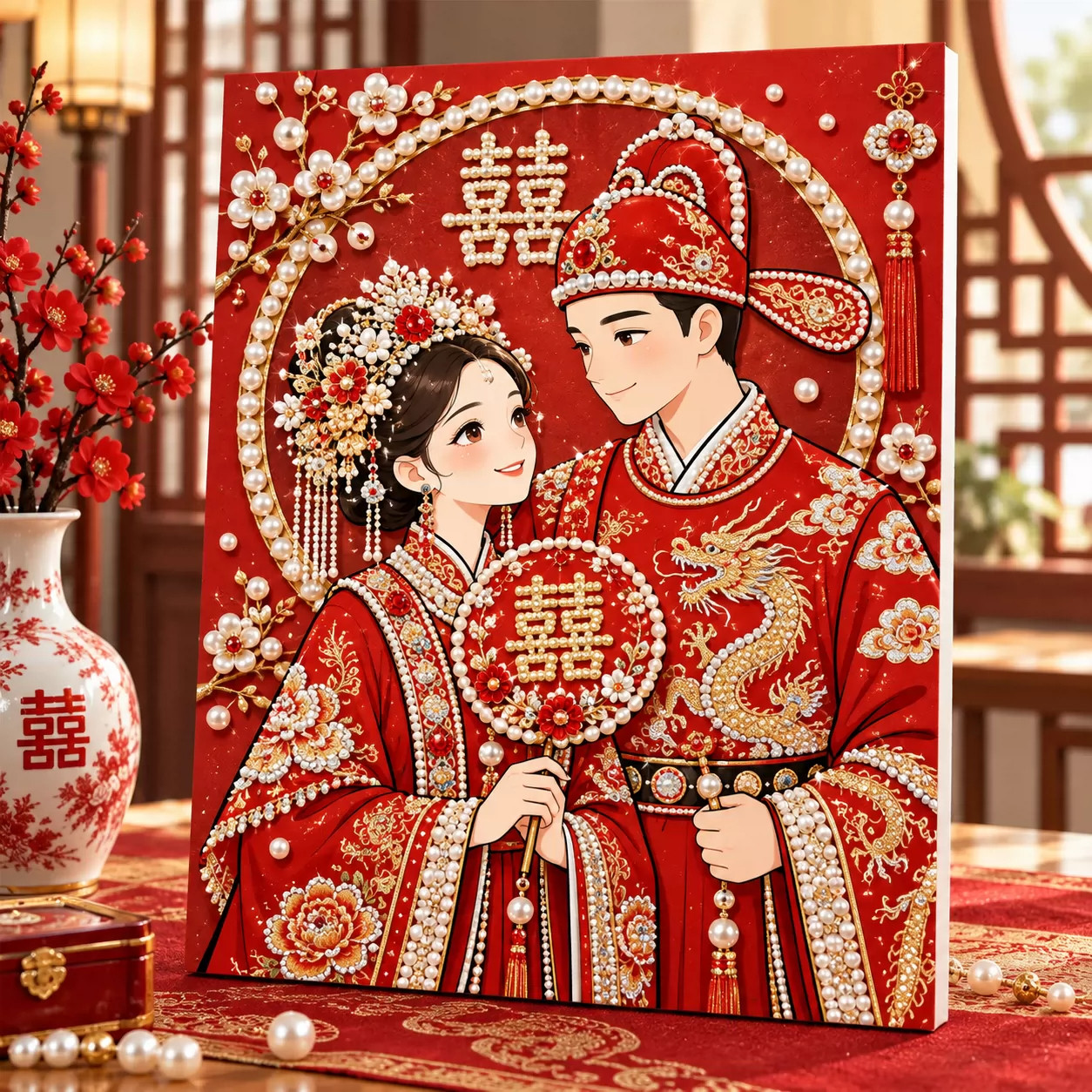 中式婚礼diy珍珠画手工粘贴材料包新婚婚房布置送新人礼物装饰画