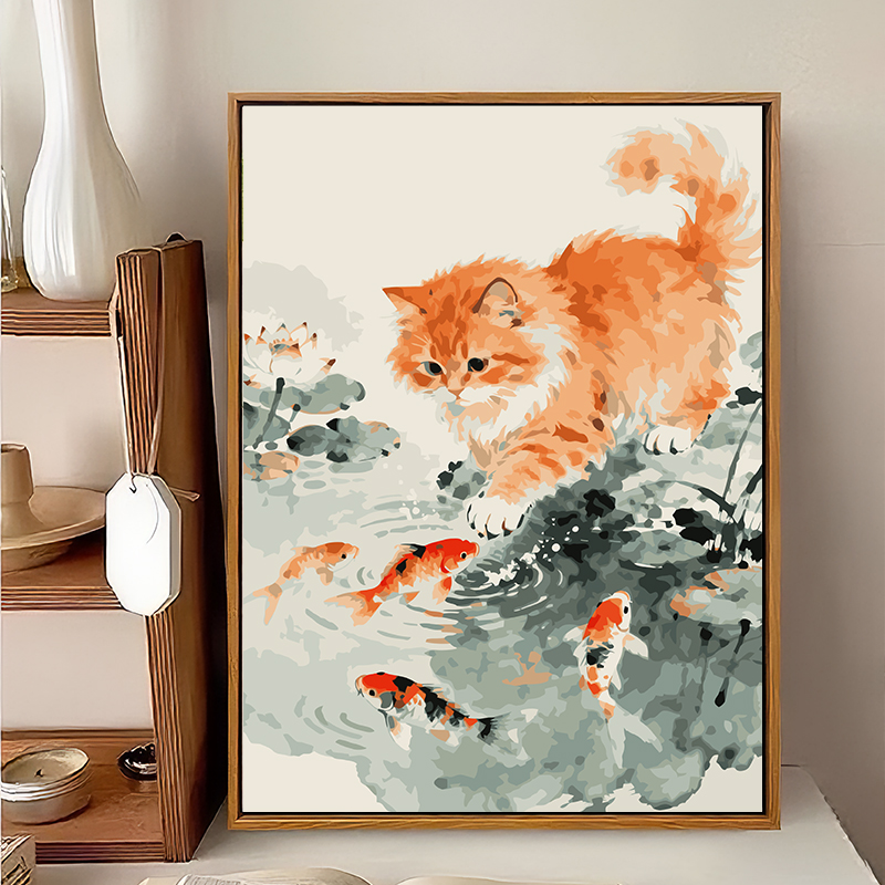 水墨风锦鲤猫咪数字油画diy填涂色手工绘好寓意解压油彩装饰挂画