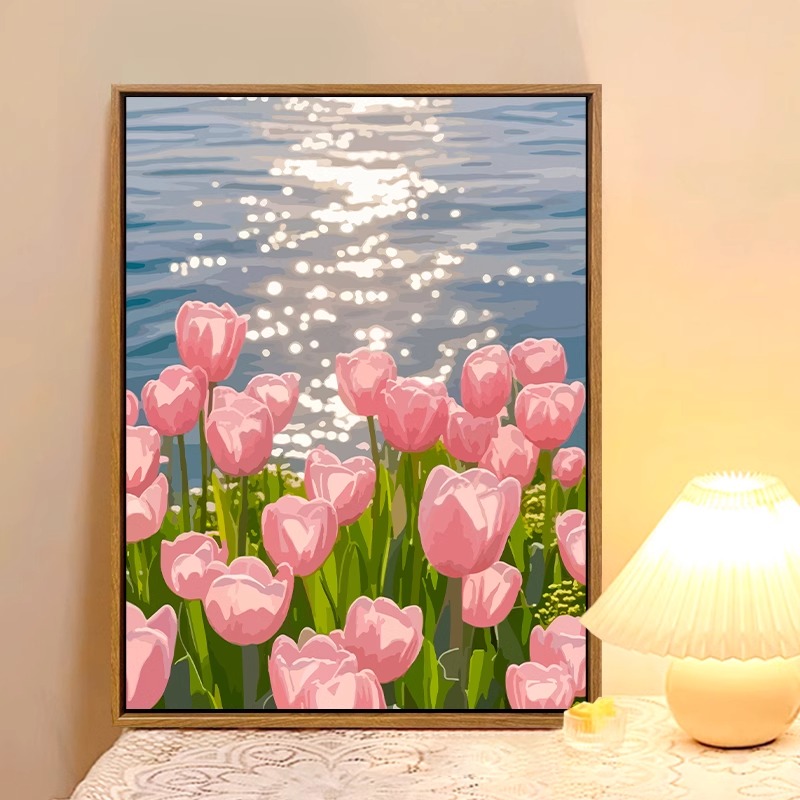 海边郁金香diy数字油画治愈系植物花卉填色手工丙烯油彩画装饰画图片