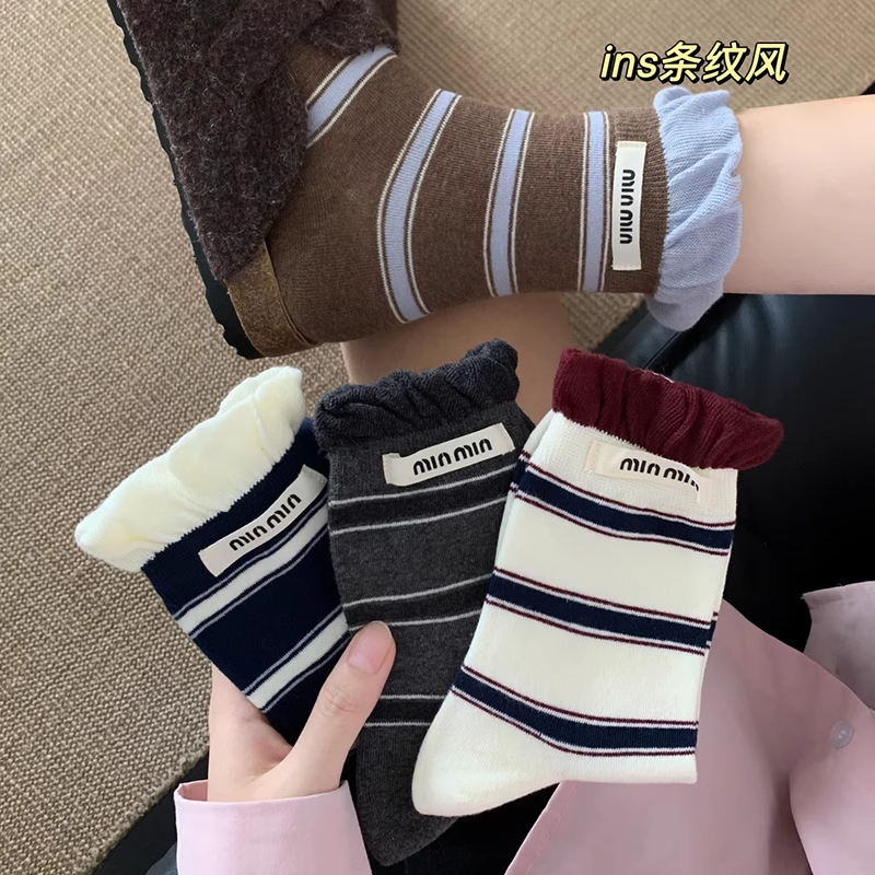 韩系泡泡口条纹秋冬中筒袜子春秋袜百搭复古堆堆女袜MM