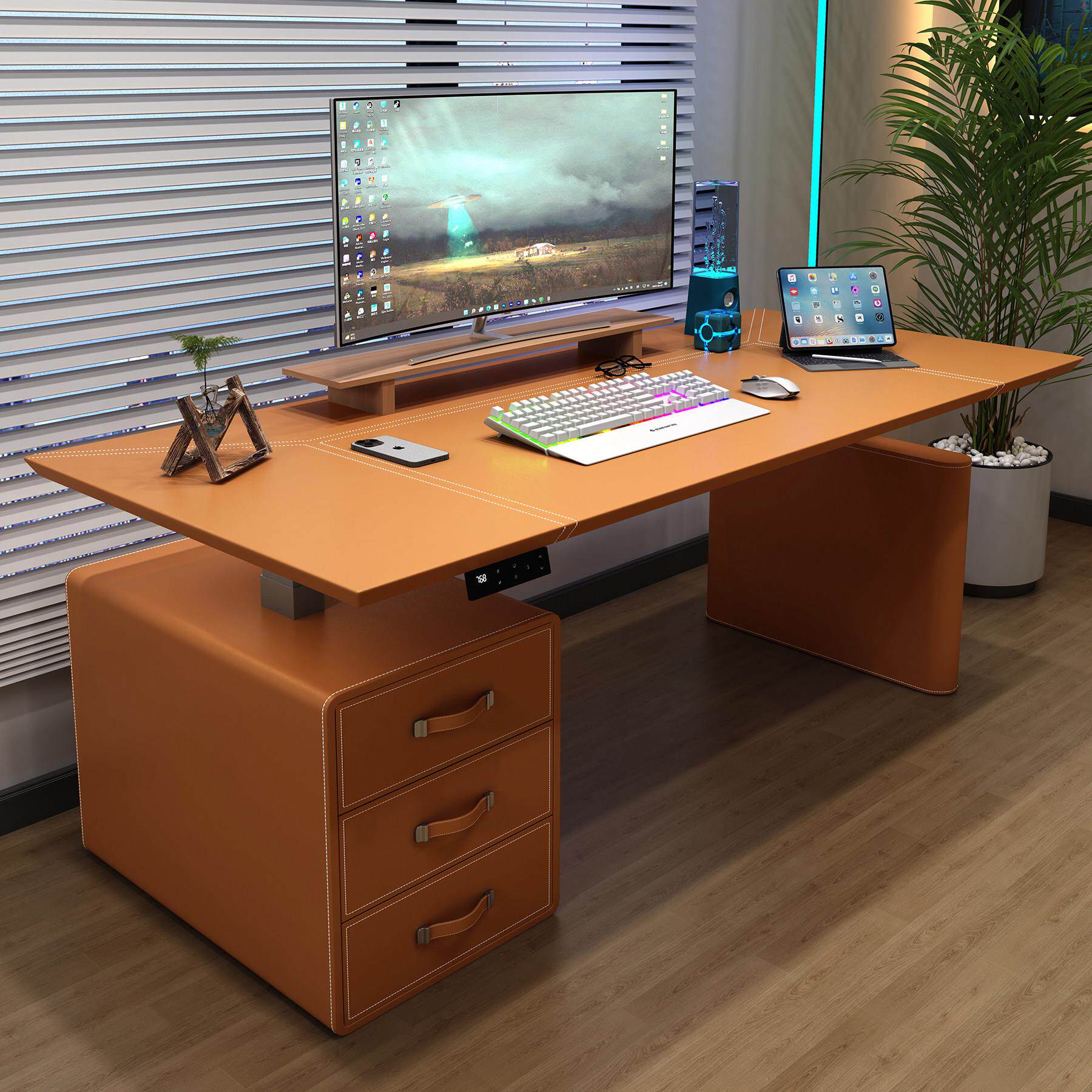 智能电动升降桌电脑桌马鞍皮书桌双人办公电竞桌学习桌工作台 L56