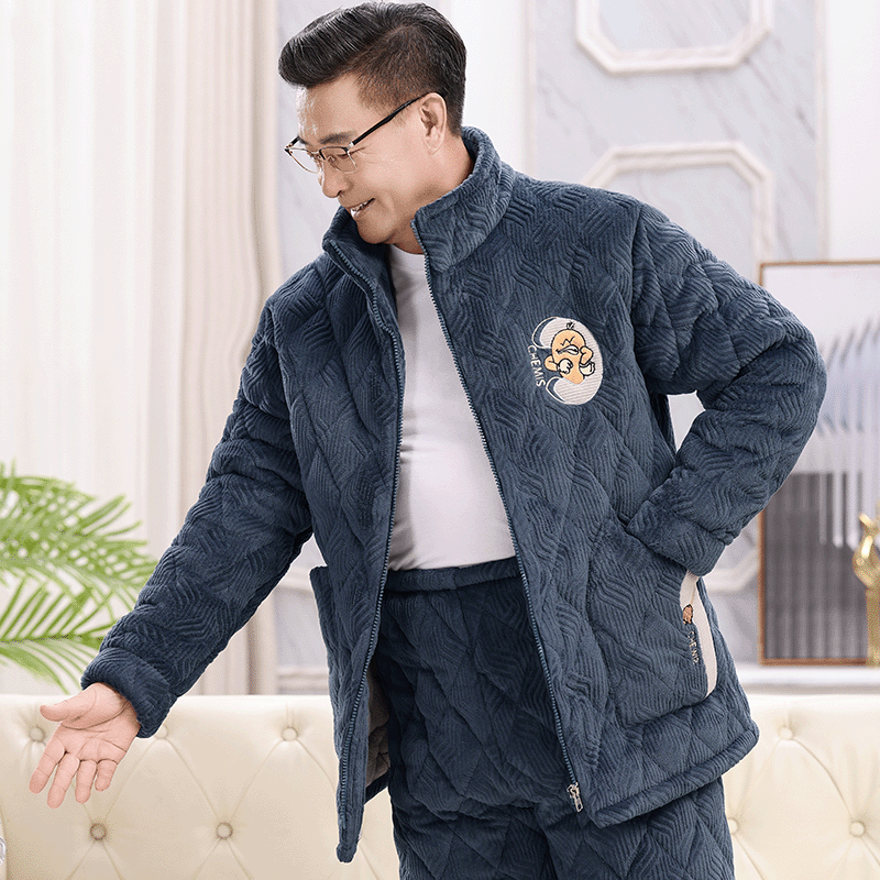 秋冬季男士珊瑚绒睡衣三层夹棉袄加厚保暖家居服中老年可外穿套装