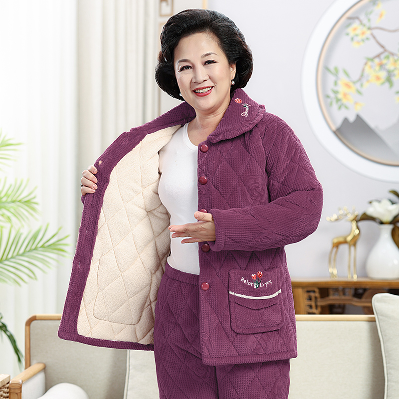 妈妈款睡衣女士珊瑚绒三层加厚加绒夹棉袄秋冬季中老年睡衣家居服