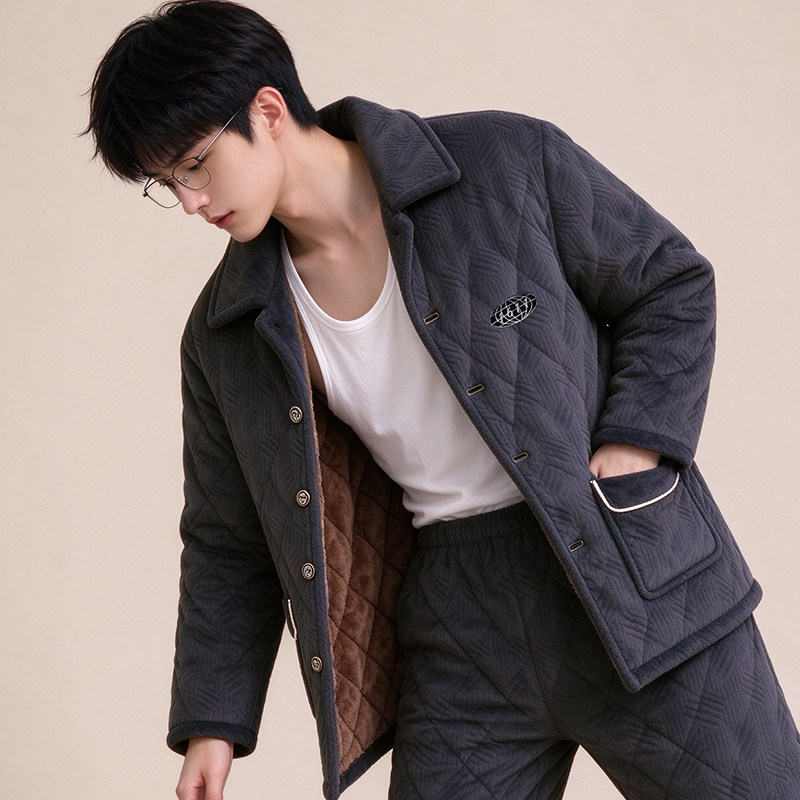 青年男士秋冬季珊瑚绒加厚加绒三层夹棉睡衣保暖家居服套装可外穿