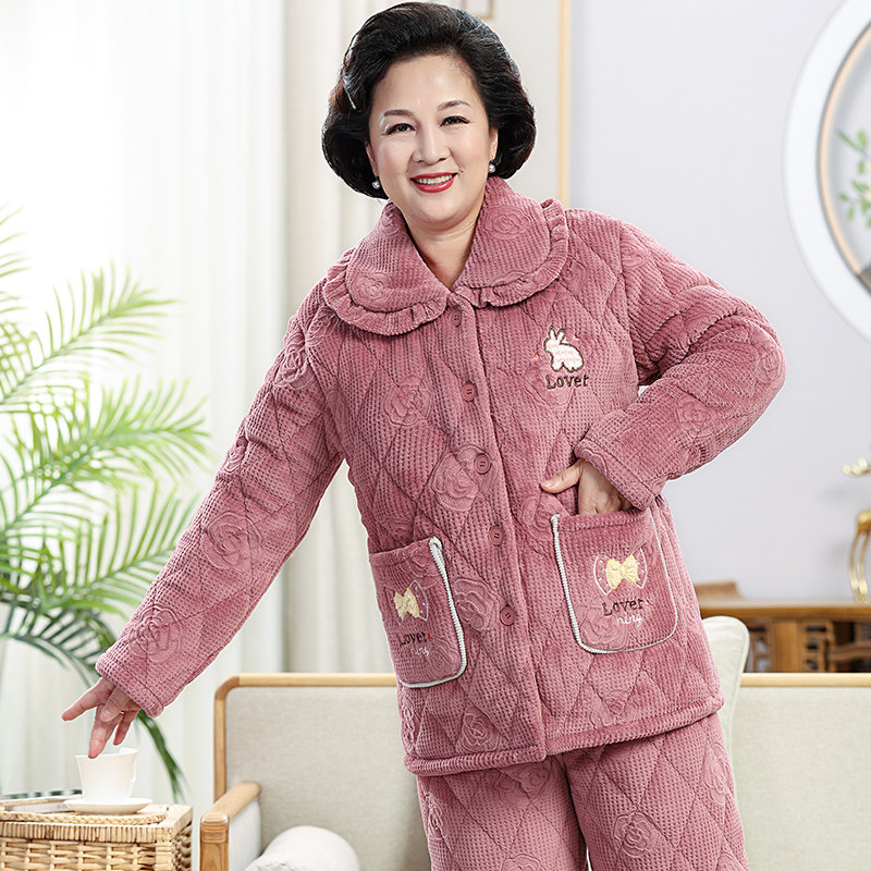 女士中老年睡衣秋冬季珊瑚绒三层加厚加绒夹棉袄家居服套装妈妈款