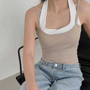 新款 直销假两件拼接挂脖背心吊带女2023夏季 ins辣妹修身 弹力短款