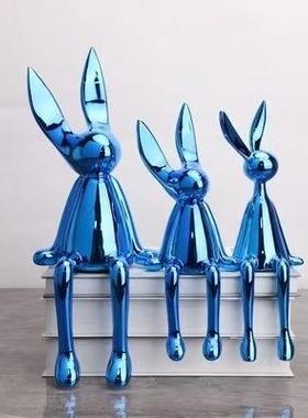 新款直销简约轻奢创意电镀银金蓝色坐姿动物兔子摆件树脂家居软装