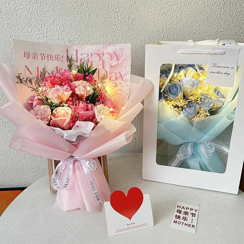 新款直销母亲节礼物仿真康乃馨香皂玫瑰花束成品满天星干花520情