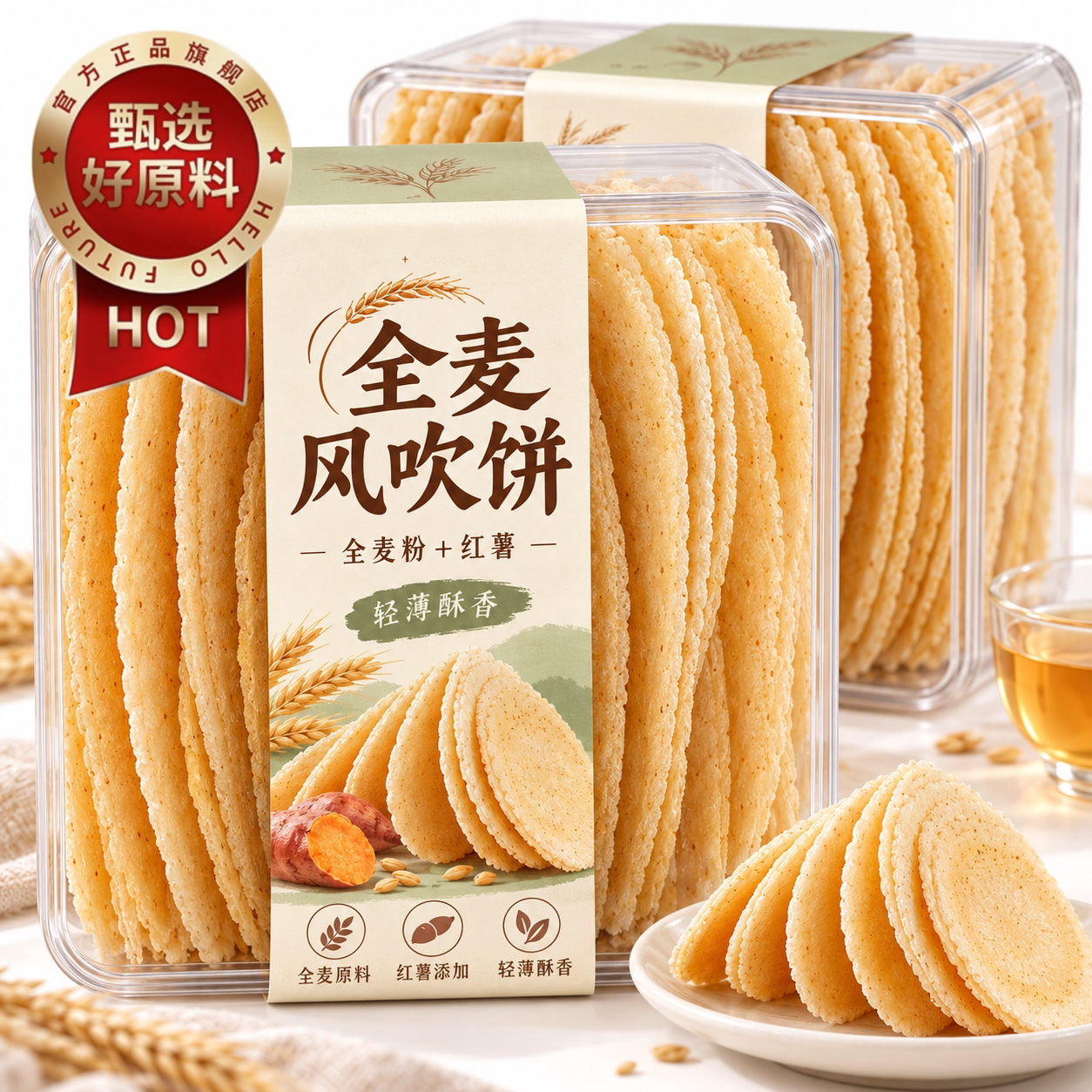 全麦风吹饼官方旗舰店酥脆潮汕特产无蔗糖五谷粗粮健康休闲零食品