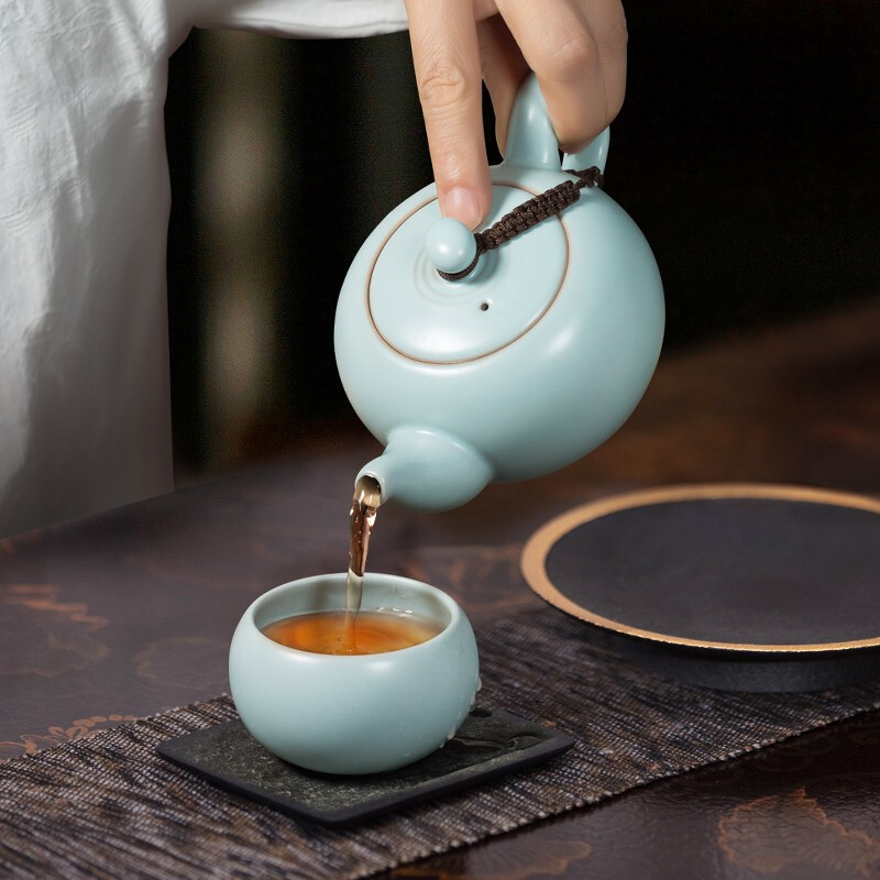 东道汝窑河南非遗茶具套装天青色汝瓷茶具整套礼盒福缘一壶二杯组