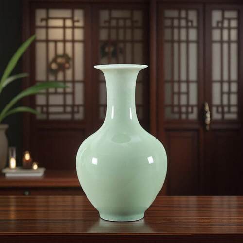 景德镇陶瓷富贵竹花瓶摆件中式客厅装饰品青瓷博古架插花花瓶陶瓷
