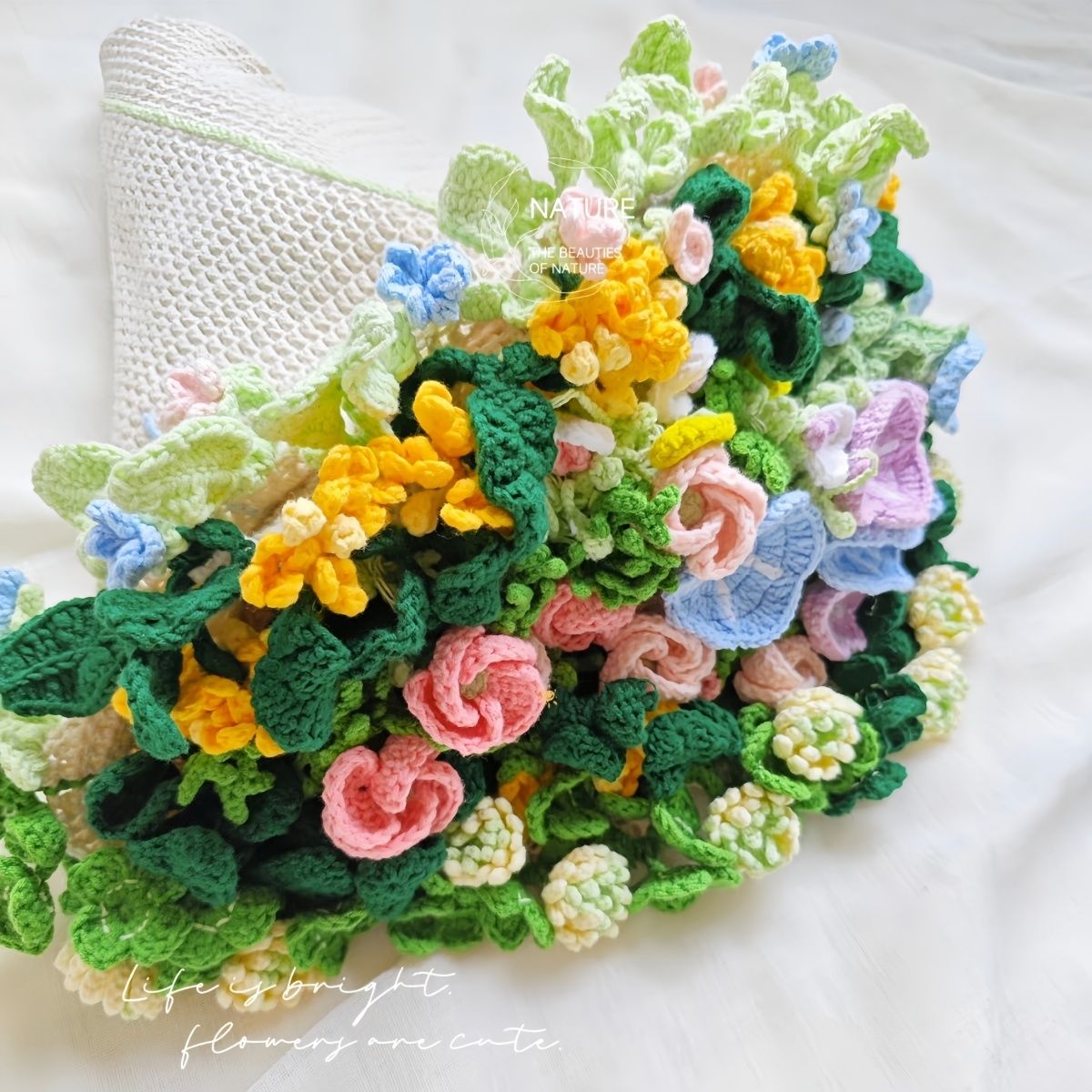 毛线野趣花束毛毯diy手工