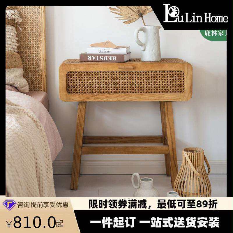 北欧家用卧室藤编实木床头柜网红客厅餐边桌储物柜民宿日式床边桌,3C数码配件,USB灯,淘宝优惠券,粉丝福利购,淘宝优惠卷