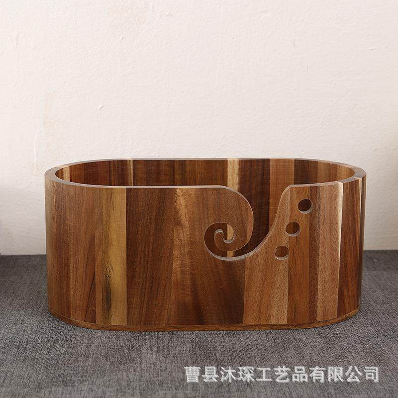 复古木质椭圆毛线碗家用编织毛线收纳盒带孔缝纫机棉线收纳用具