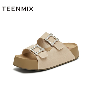 水钻女勃肯鞋 天美意2025夏新款 凉鞋 厚底拖鞋 KK049BT5 外穿沙滩鞋