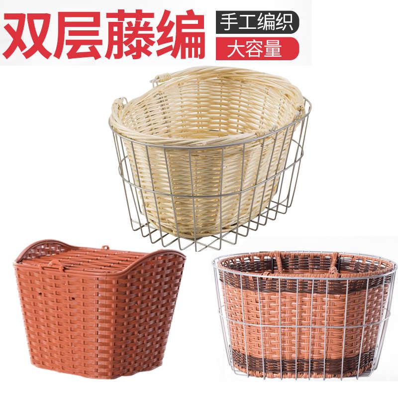 自行车车筐仿藤塑编塑料车篓双层手工编织不锈钢篮子前置可带宠物
