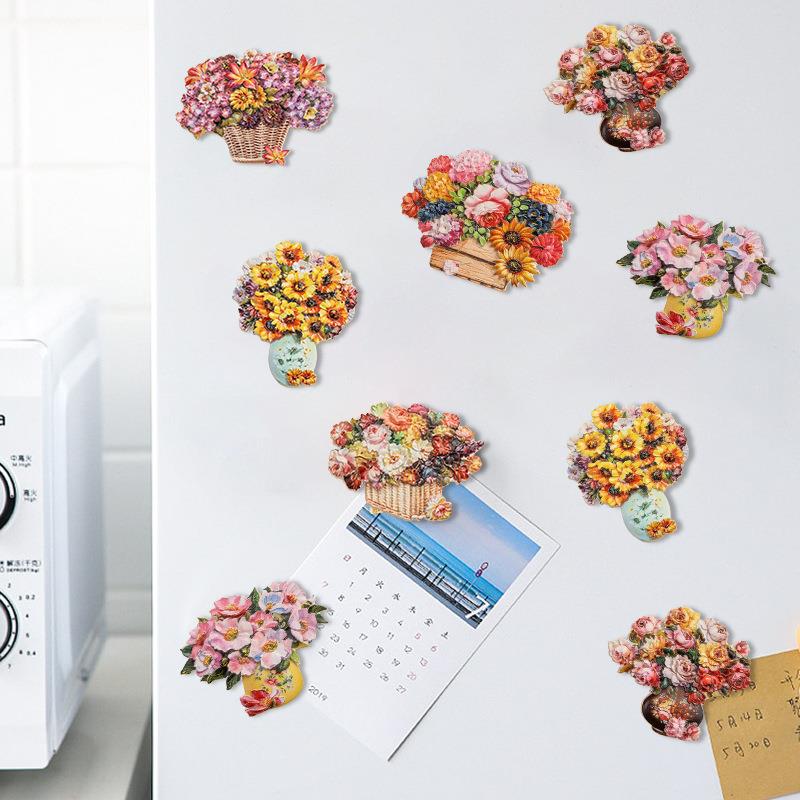 直销新款彩色花束油画装饰冰箱贴创意仿真向日葵玫瑰迷你花朵家居