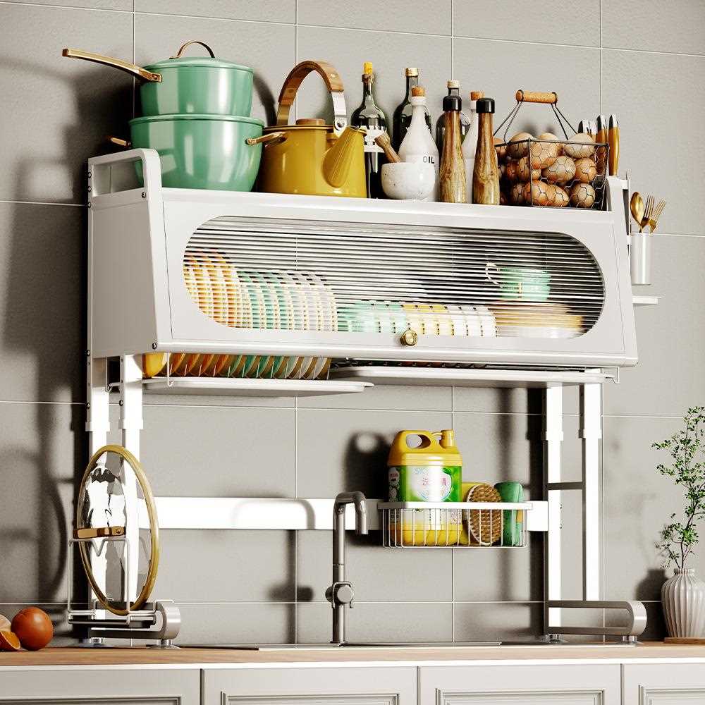 直销新款厨房水槽置物架碗架台面伸缩碗碟带门碗盘收纳架碗柜储物