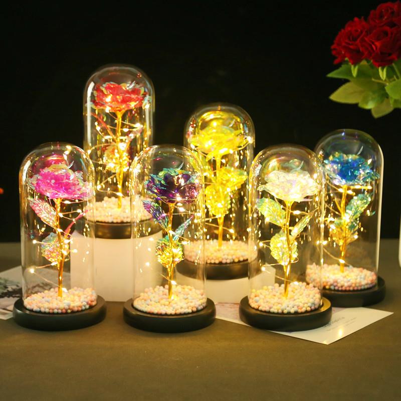 直销新款彩金玫瑰花玻璃罩摆件 创意母亲节情人节礼物 仿真花装饰