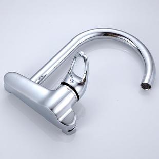 直销新款铜厨房入墙式洗菜盆水龙头 双孔可旋转冷热大弯水龙头