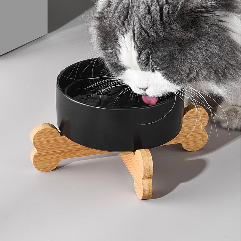 直销新款黑碗猫咪黑色猫碗猫食盆陶瓷宠物喝水碗饭碗高脚斜口碗防