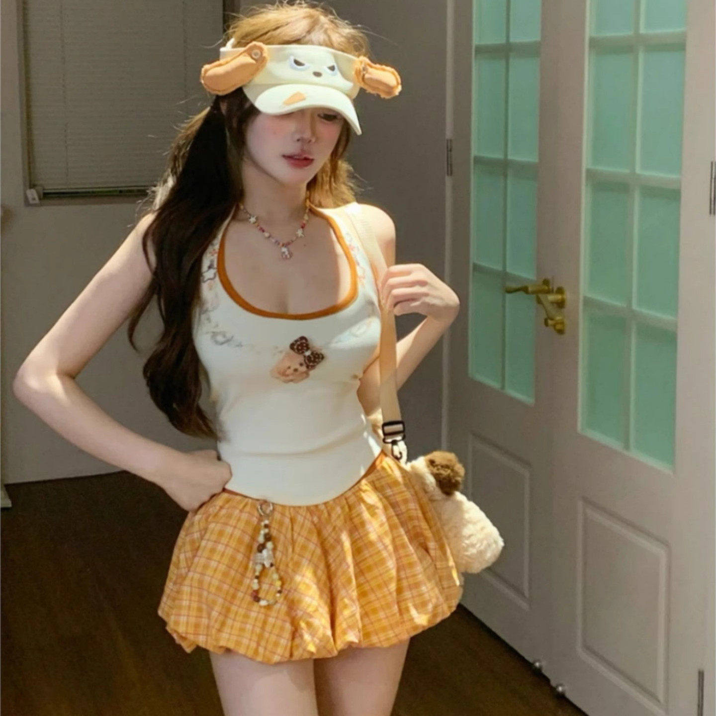 夏日少女多巴胺穿搭套装女甜美挂脖印花吊带上衣+半身短裙两件套