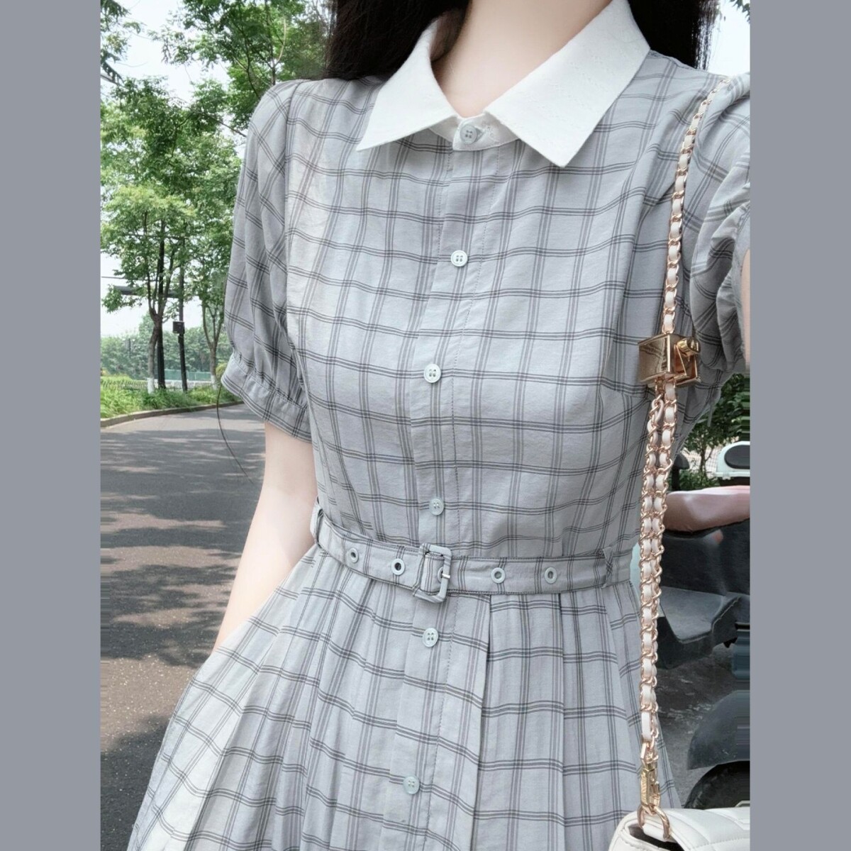 法式短袖格纹连衣裙子女