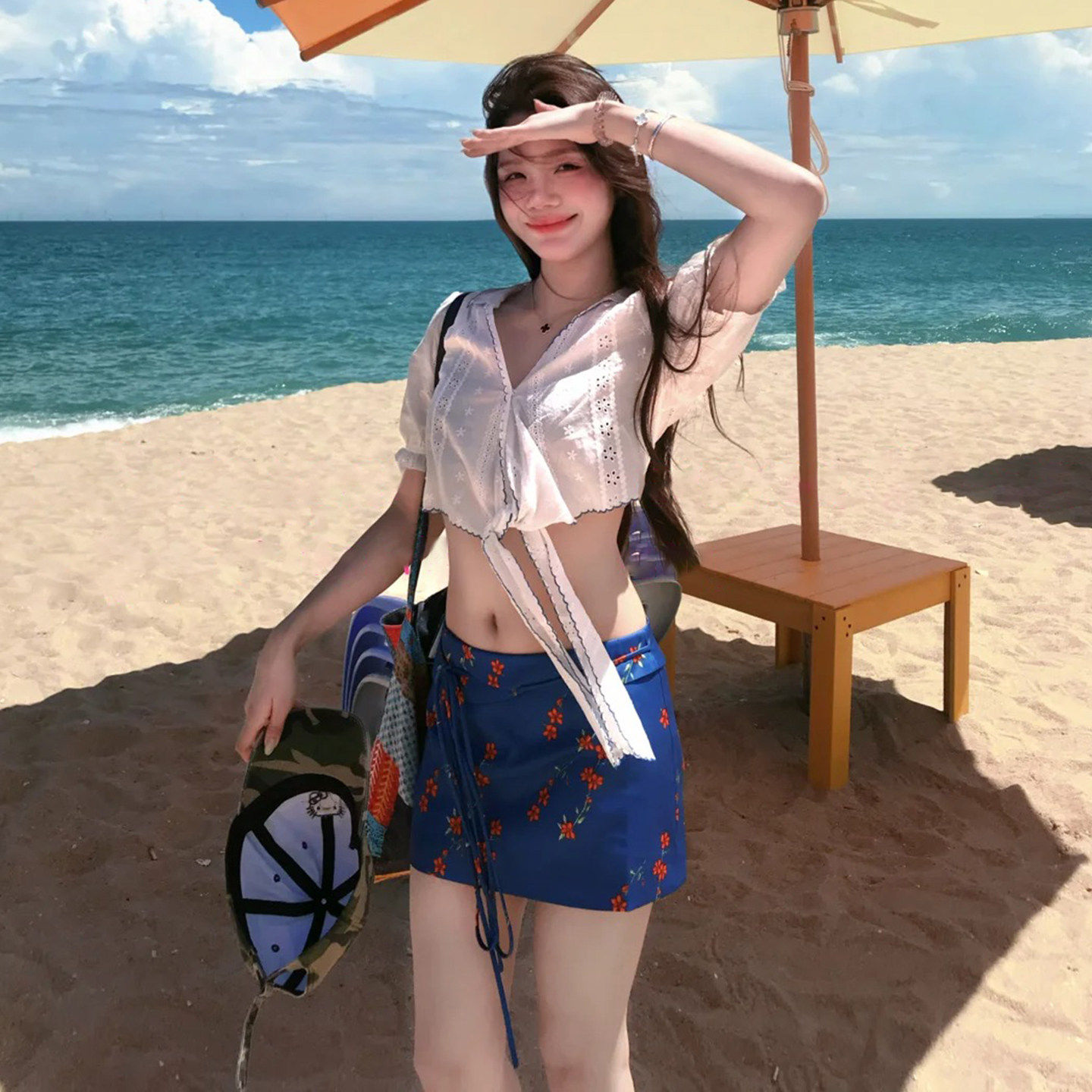 泰国海边度假多巴胺穿搭女夏短款绑带衬衫蓝色高腰半身裙两件套装