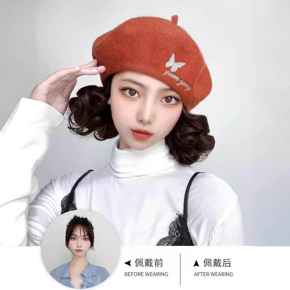 新款直销蝴蝶款砖红色贝雷帽螺旋卷短发时尚梨花卷八角帽帽子假发