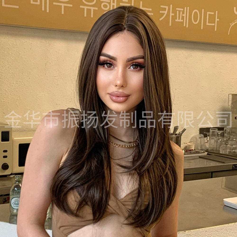 新款直销万纤丝雨中分长卷发假发套时尚淑女发尾微卷假发女黑棕色