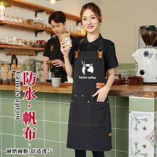 直销新款新款帆布围裙餐饮专用刺绣logo印字咖啡奶茶店服务员工作