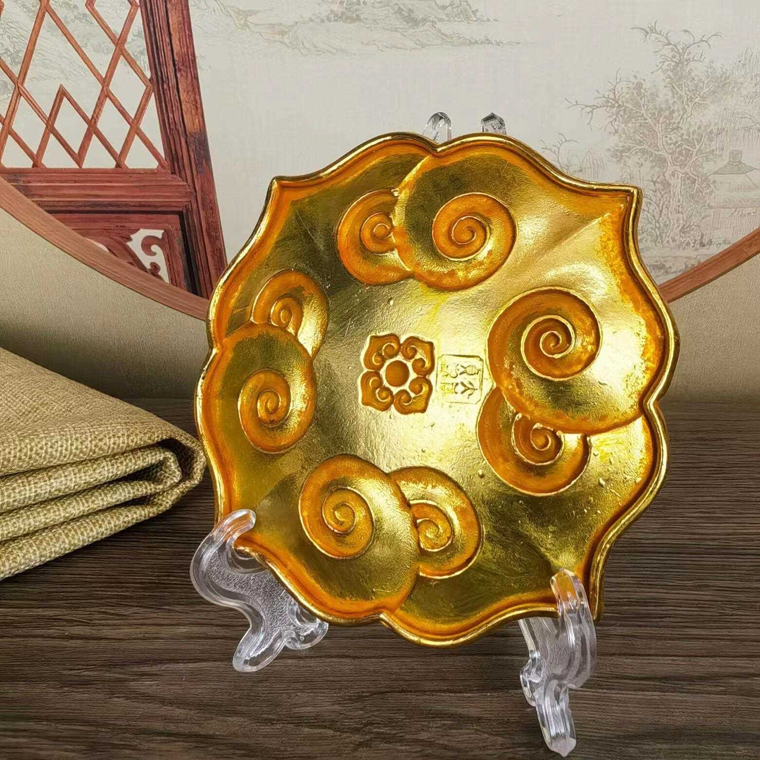 新款直销古玩大唐贞观款金器莲花碟唐皇宫黄金盘托垫摆件铜鎏金多