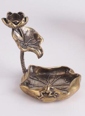 直销新款纯黄铜做旧荷叶莲花倒流香摆件实心青蛙荷花意境香架香托