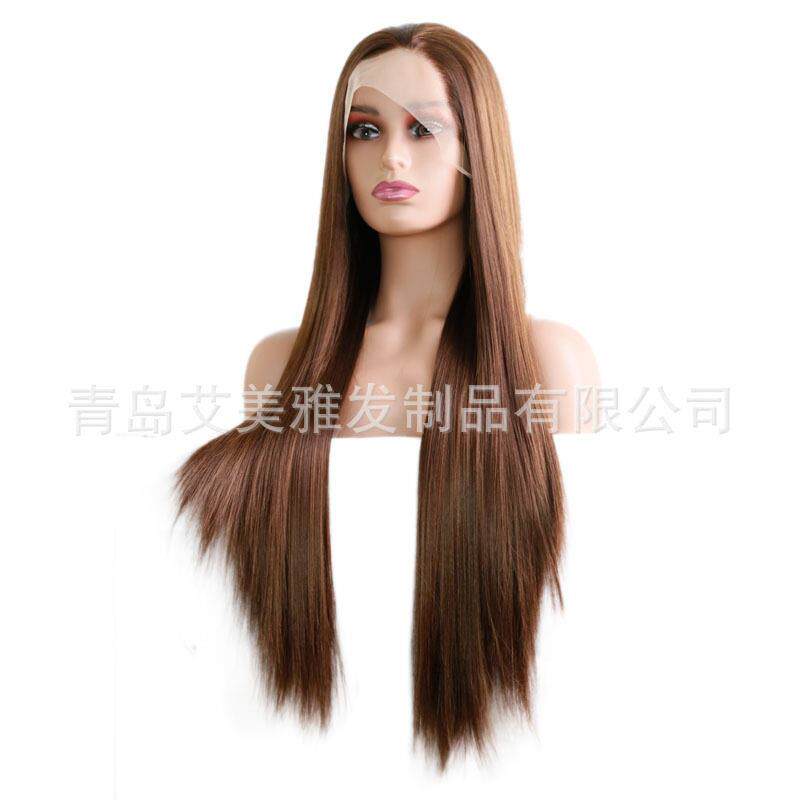 新款直销欧美假发女前蕾丝手勾温丝亚麻金棕色中长直发任意分缝工