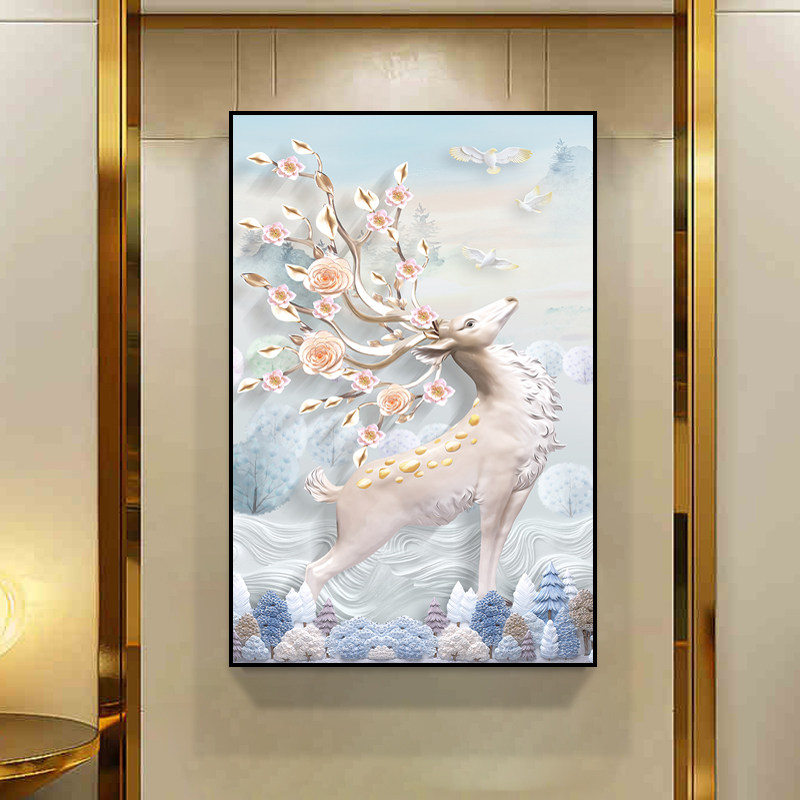 招财摇钱树竖版装饰画 欧式风格玄关壁画 布纹膜防水风水画