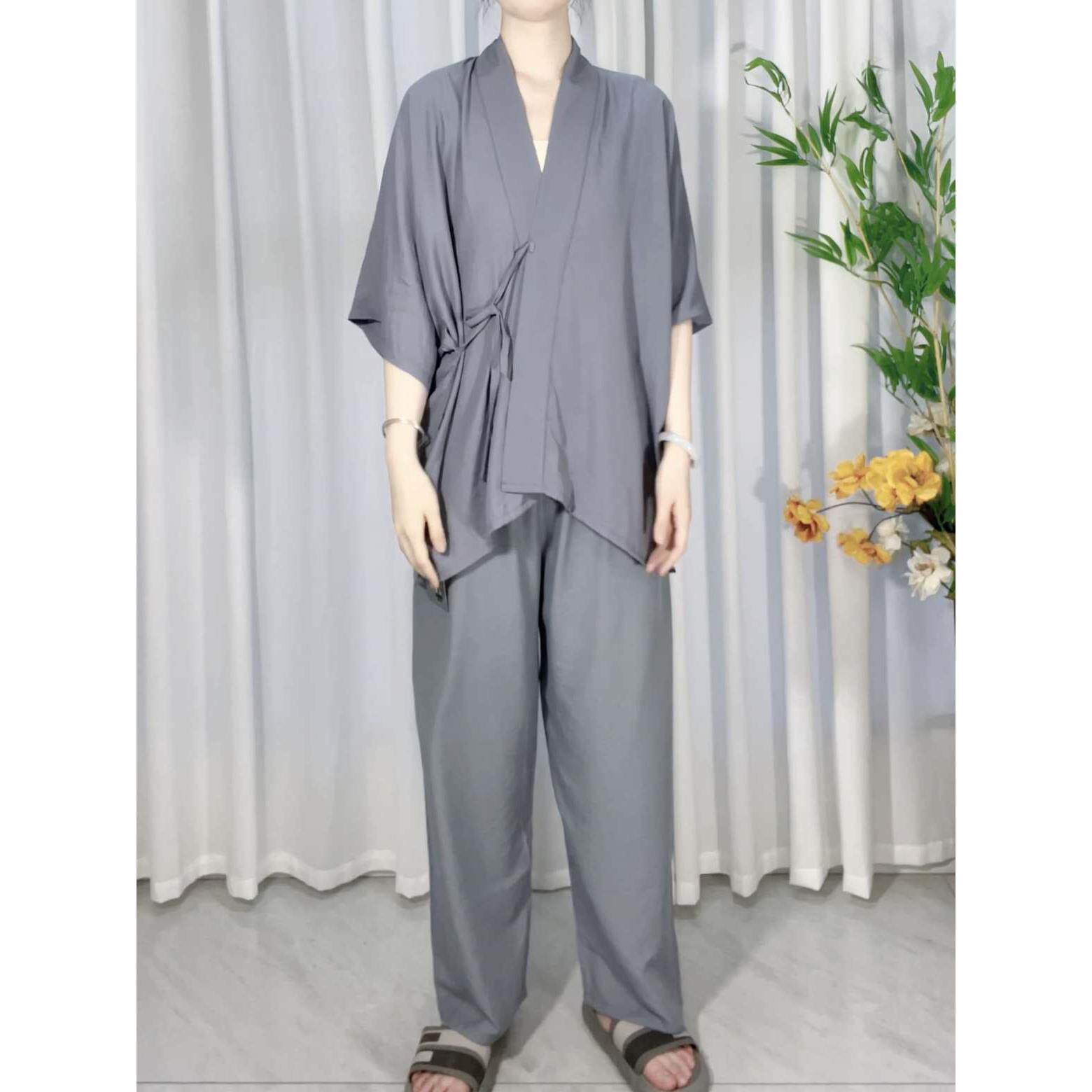 汉墨记原创天丝睡衣汉服短裤套装纯色对交穿半袖短衫日常情侣款男