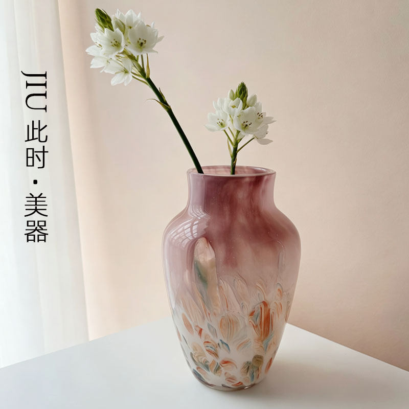 JIU此时|超好看粉色琉璃花瓶客厅插花水养玻璃花器设计感小众摆件,家居饰品,花瓶,淘宝优惠券,粉丝福利购,淘宝优惠卷