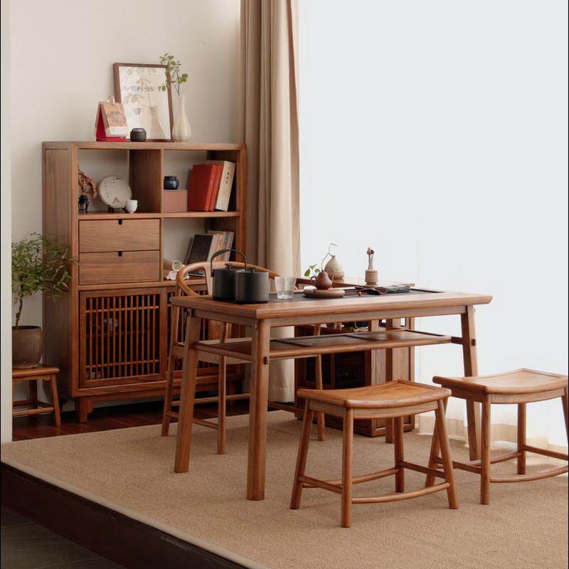 0J新中式阳台茶桌休闲实木家用小型茶台榆木小户型喝茶桌椅