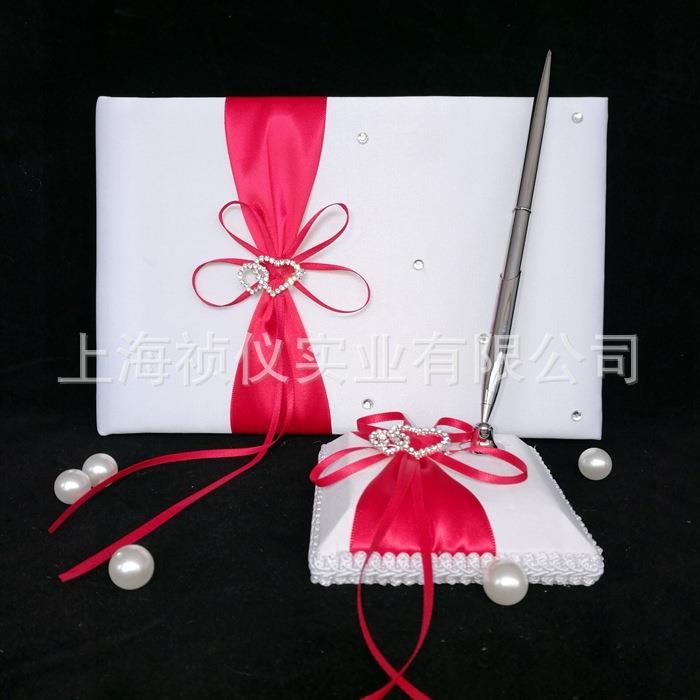 西式婚礼用品蝴蝶结心钻签到本+笔座套装结婚用品厂家