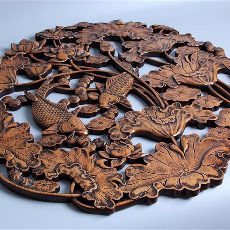 东阳木雕挂件香樟木头雕刻画工艺品中式客厅玄关墙壁装饰连年有余